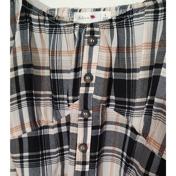 Active USA Womens Long Puff Sleeve Cropped Top Smocked Plaid Check Multicolor L - Picture 4 of 9